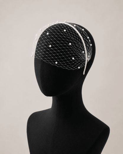 Pearluxe White Birdcage Veil Headband