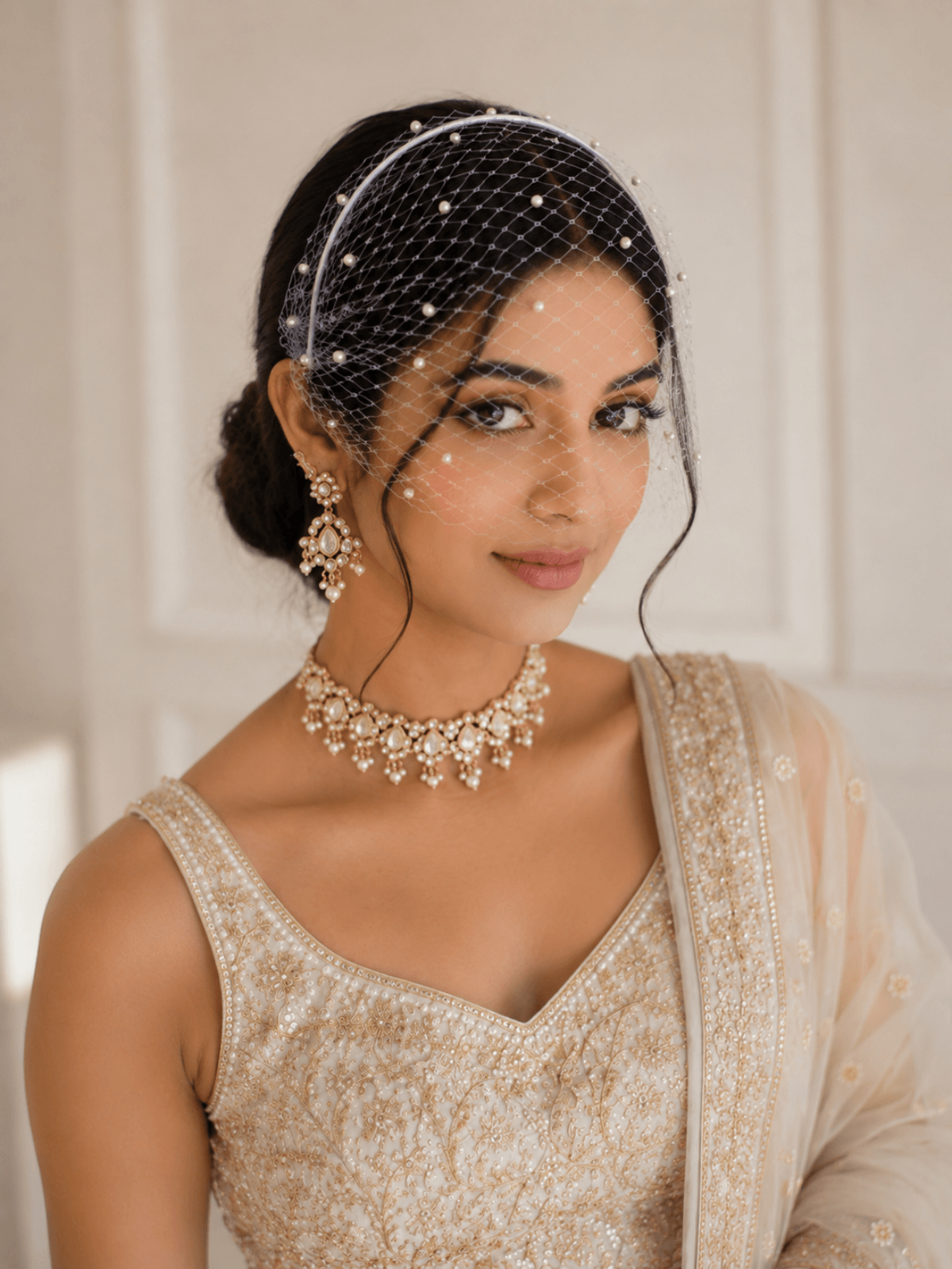 Pearluxe White Birdcage Veil Headband