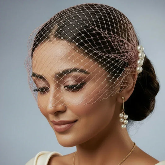 Pearl Side Pink Birdcage Veil
