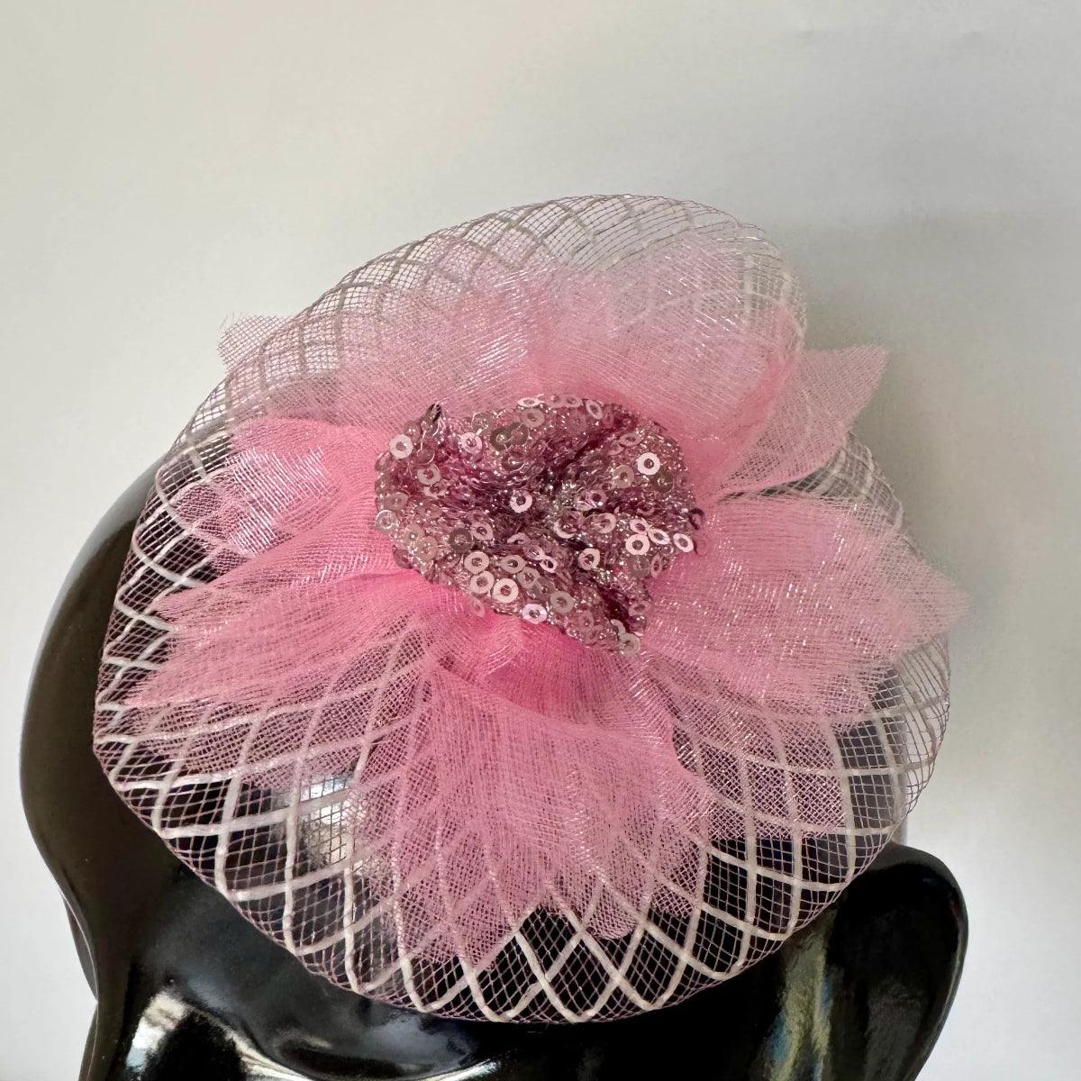 Blush Pink Sequin Bloom Hair Fascinator Half Hat