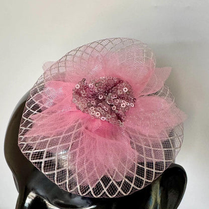 Blush Pink Sequin Bloom Hair Fascinator Half Hat