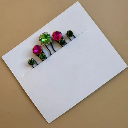 Rani Pink & Green Crystal Hair Pin Set