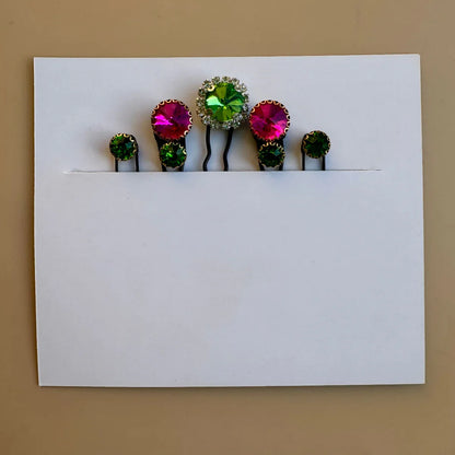Rani Pink & Green Crystal Hair Pin Set