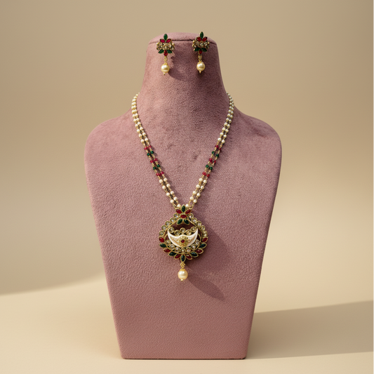 Regal Crescent Kundan Necklace Set – Ruby & Green