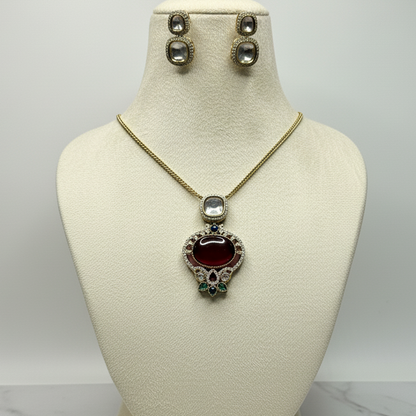 Regal Ruby & Kundan Pendant Necklace & Earrings Set