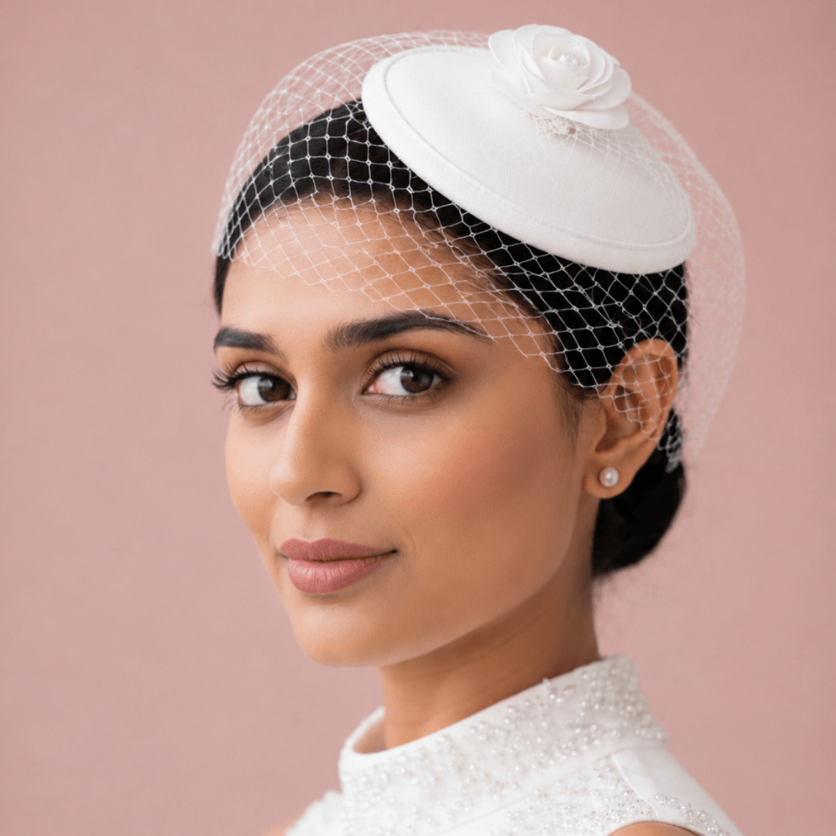 Rosaline White Rose Fascinator with Birdcage Veil