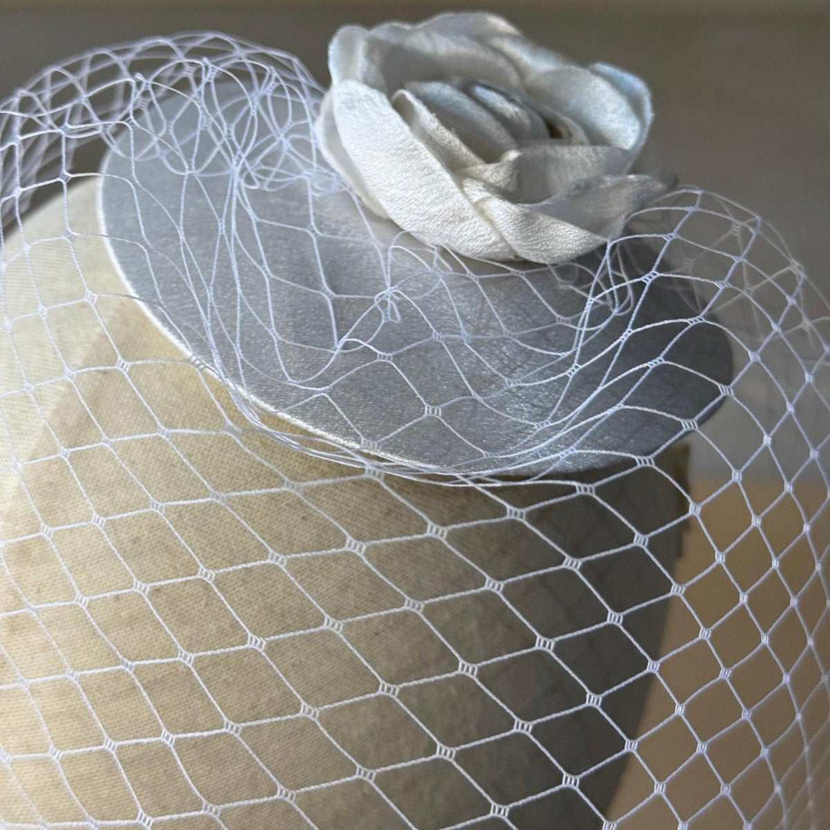 Rosaline White Rose Fascinator with Birdcage Veil
