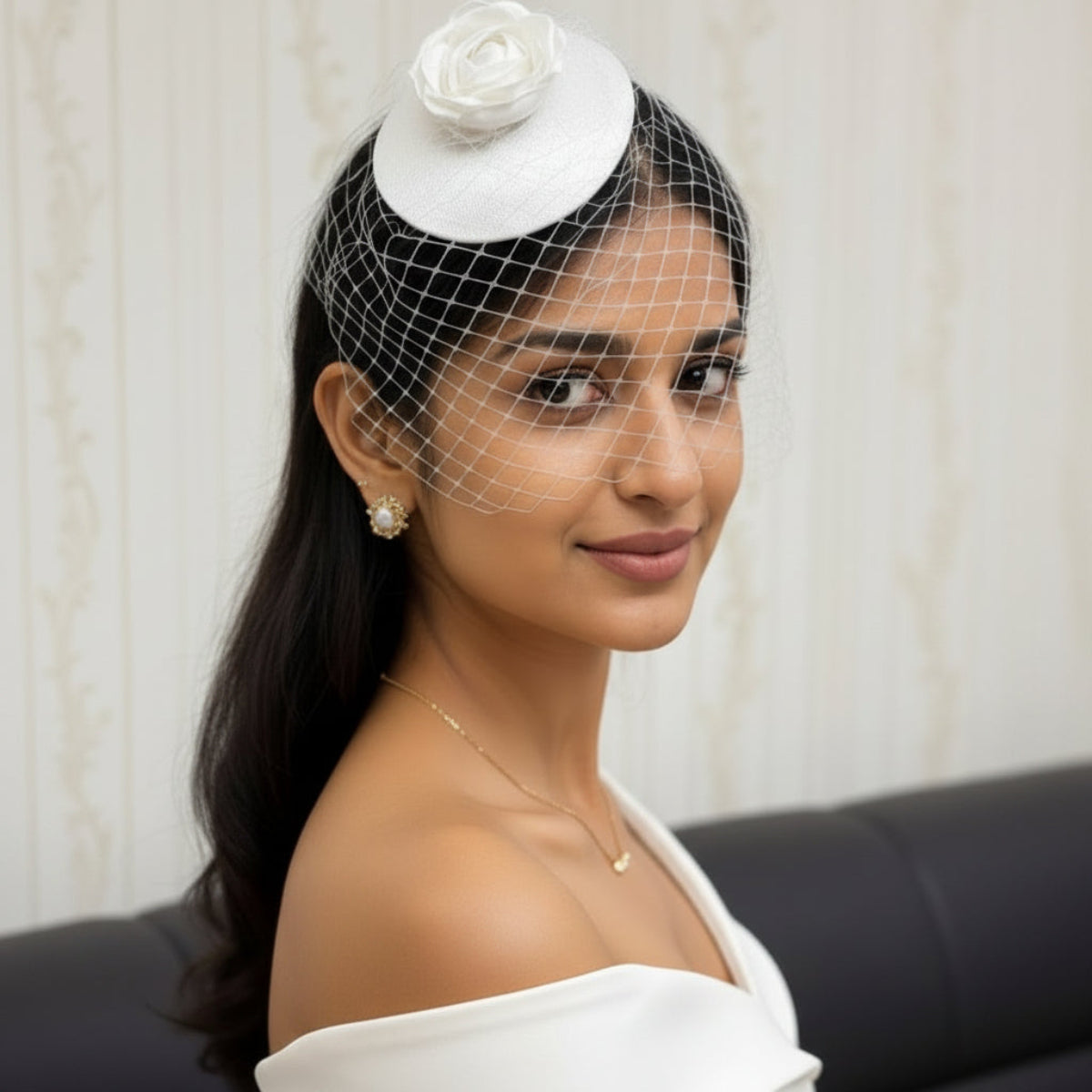 Rosaline White Rose Fascinator with Birdcage Veil