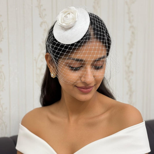 Rosaline White Rose Fascinator with Birdcage Veil