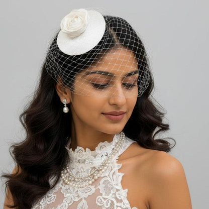 Rosaline White Rose Fascinator with Birdcage Veil