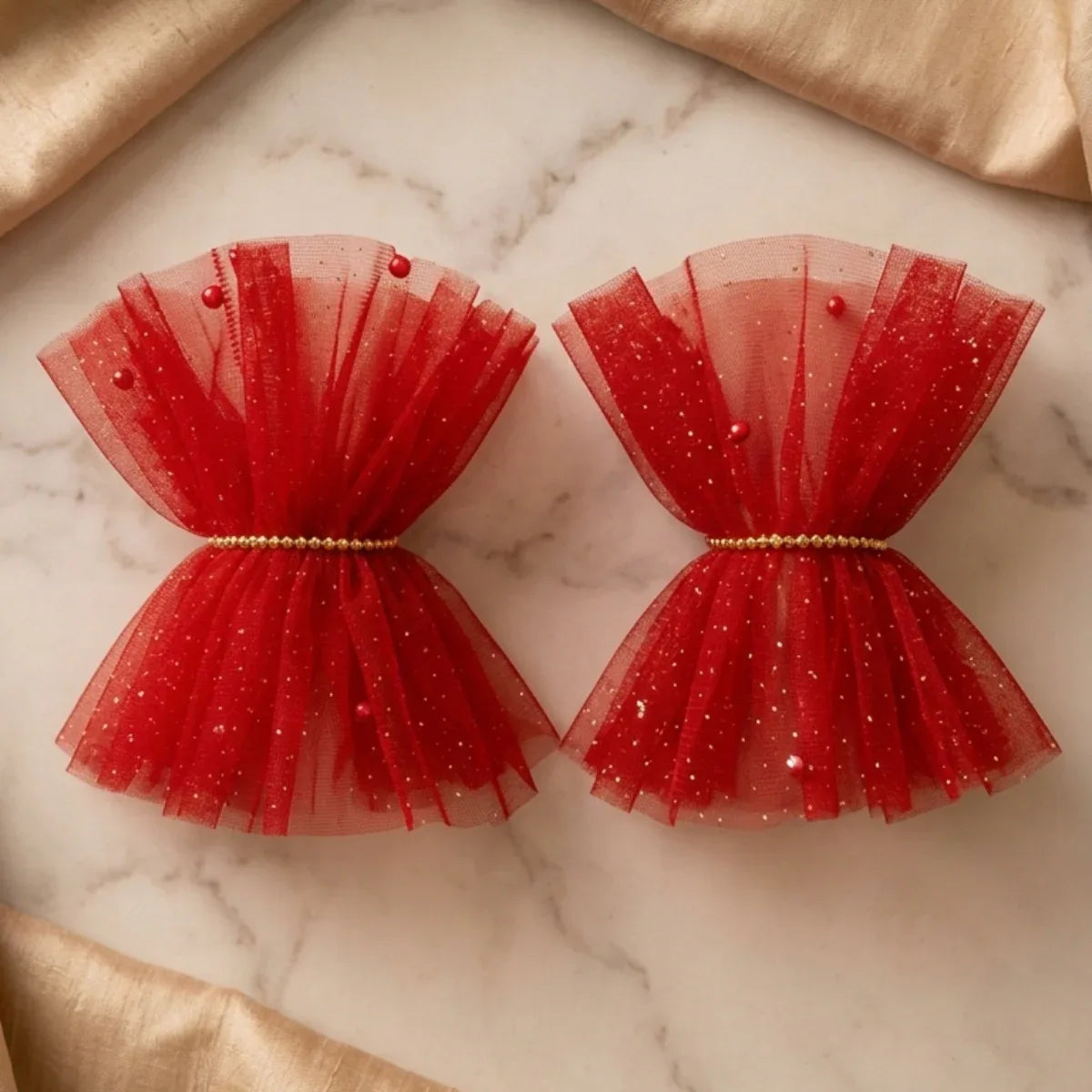 Ruffled Charm Tulle Red Cuff Gloves