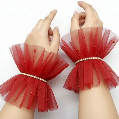 Ruffled Charm Tulle Red Cuff Gloves