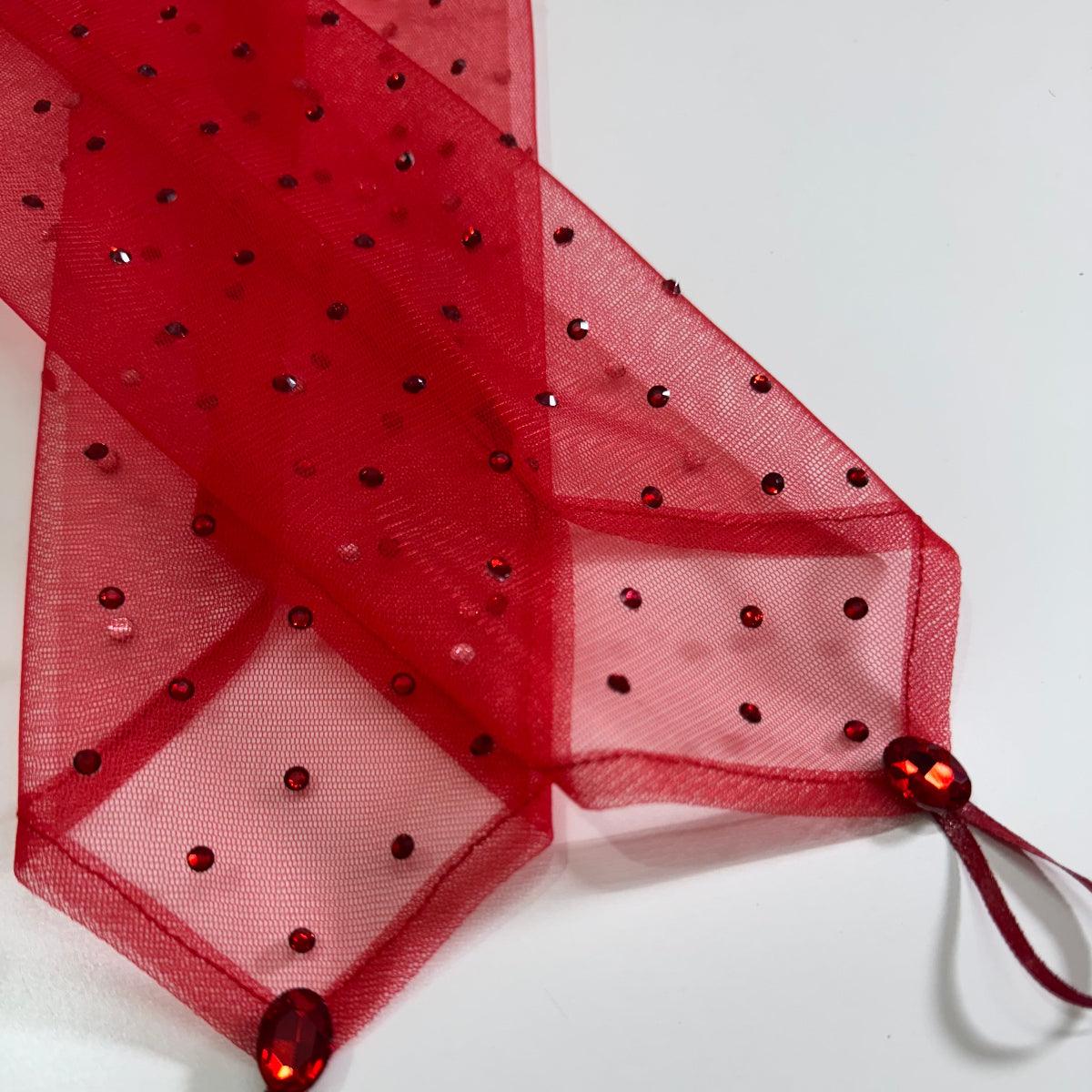 Red rhinestone opera gloves with sheer mesh, red trim and finger loop detail