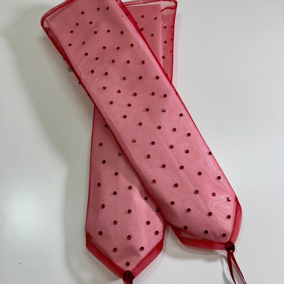 Scarlet Muse long red fingerless embellished mesh gloves, product detail