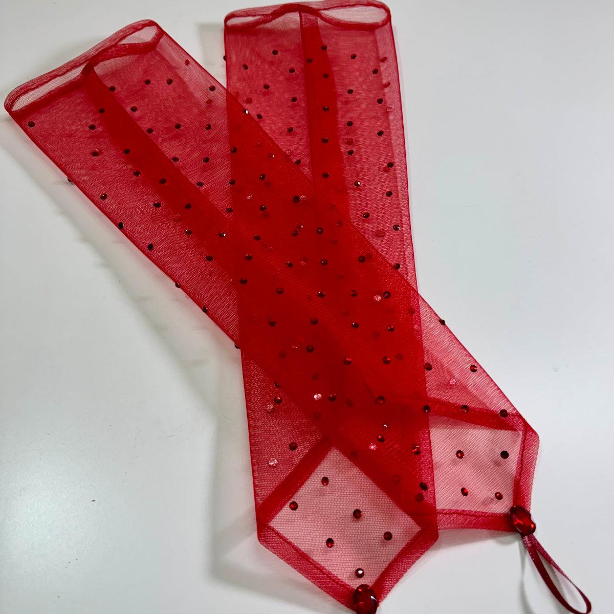 Scarlet Muse red sheer mesh fingerless gloves with sparkling rhinestone embellishments
