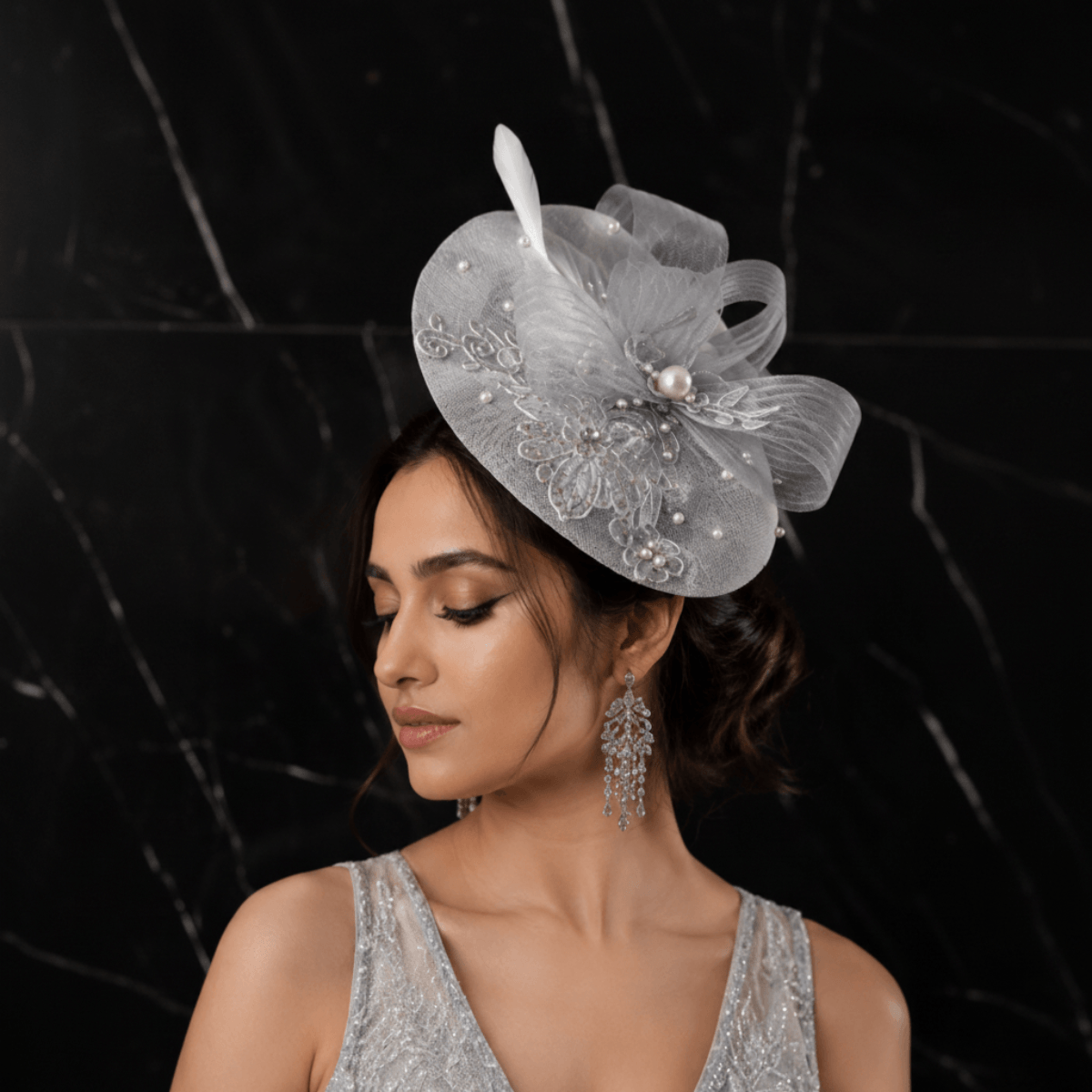 Serene Grey Pearl & Lace Vintage Fascinator Hat