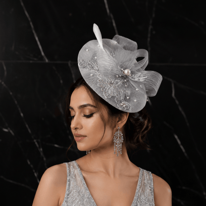 Serene Grey Pearl & Lace Vintage Fascinator Hat