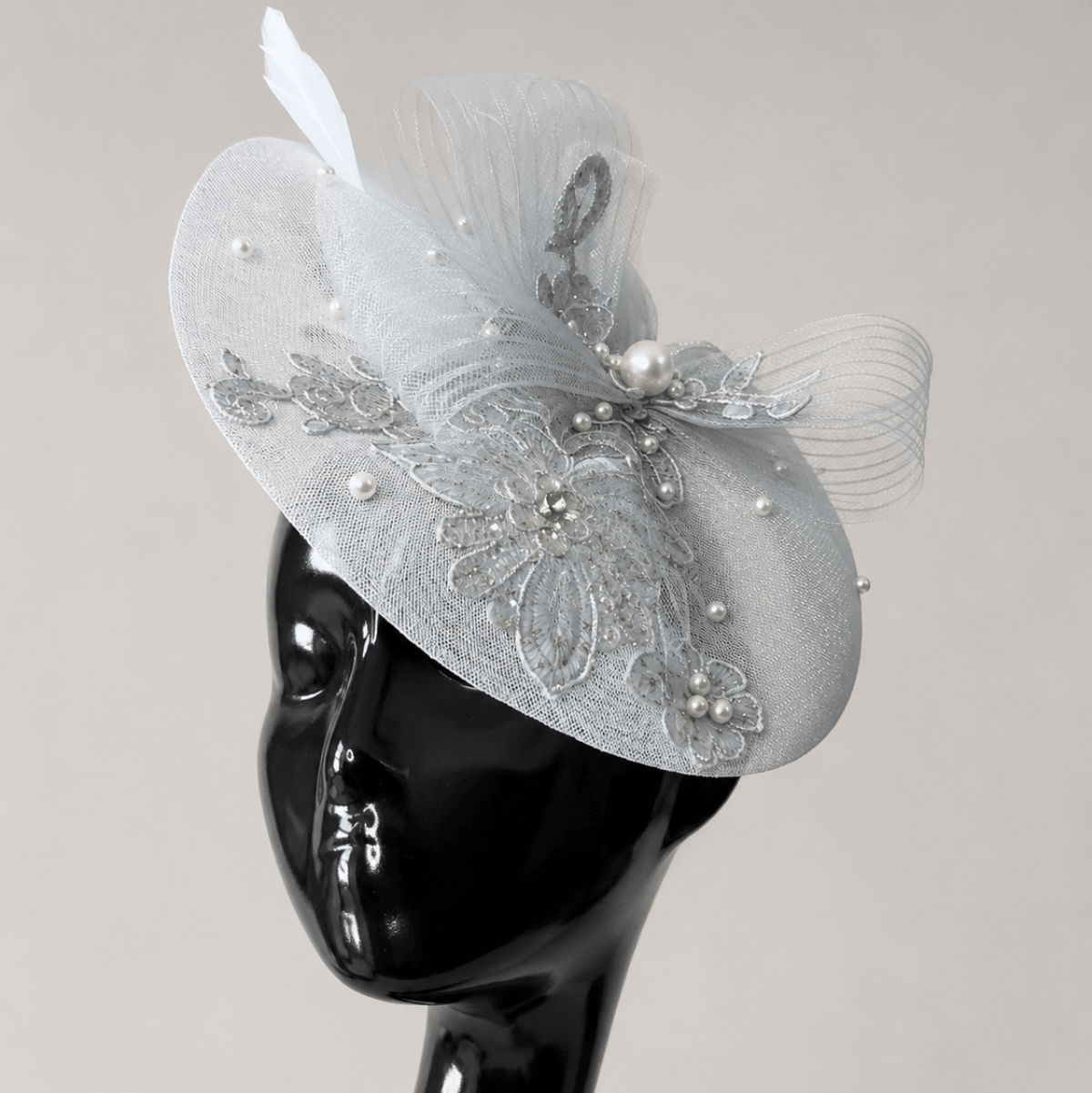 Serene Grey Pearl & Lace Vintage Fascinator Hat