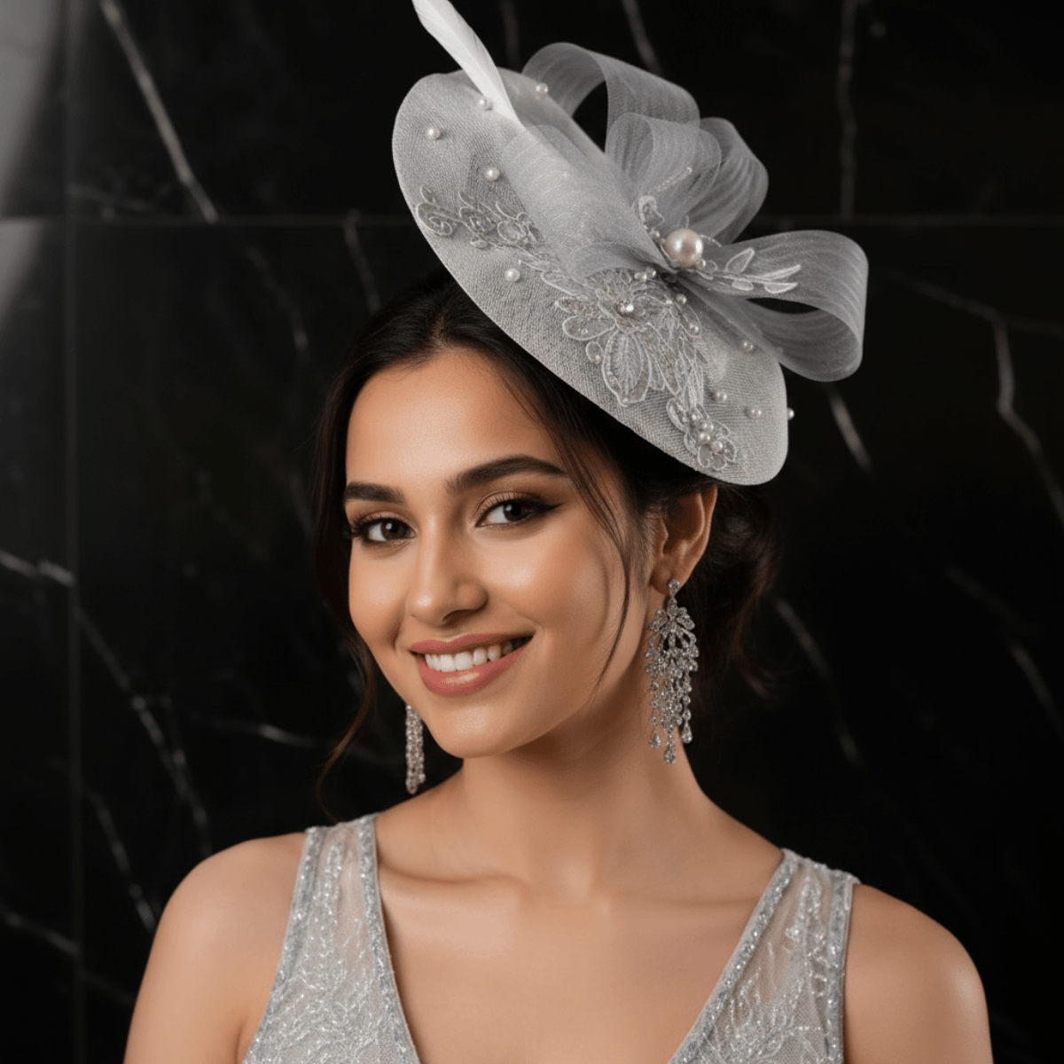 Celeste Grey Pearl & Lace Vintage Fascinator Hat