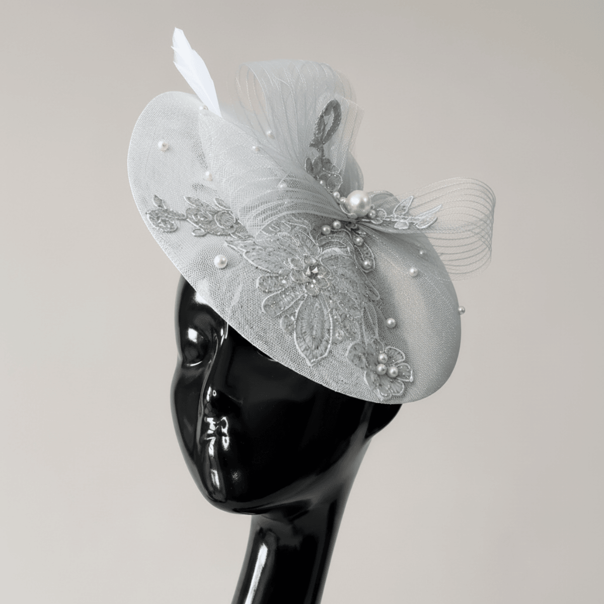 Serene Grey Pearl & Lace Vintage Fascinator Hat