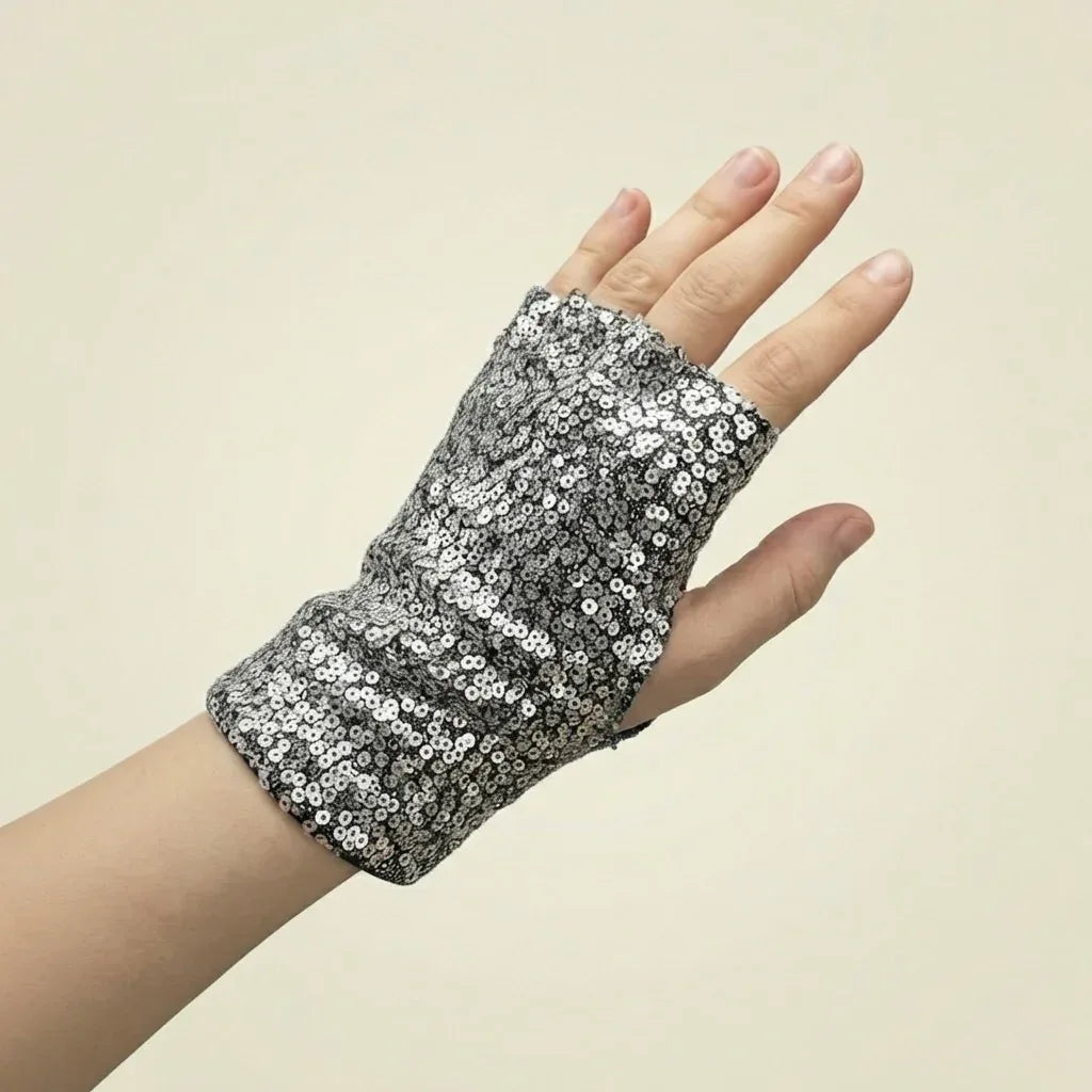 Silver Sequin Fingerless Wrist Gloves