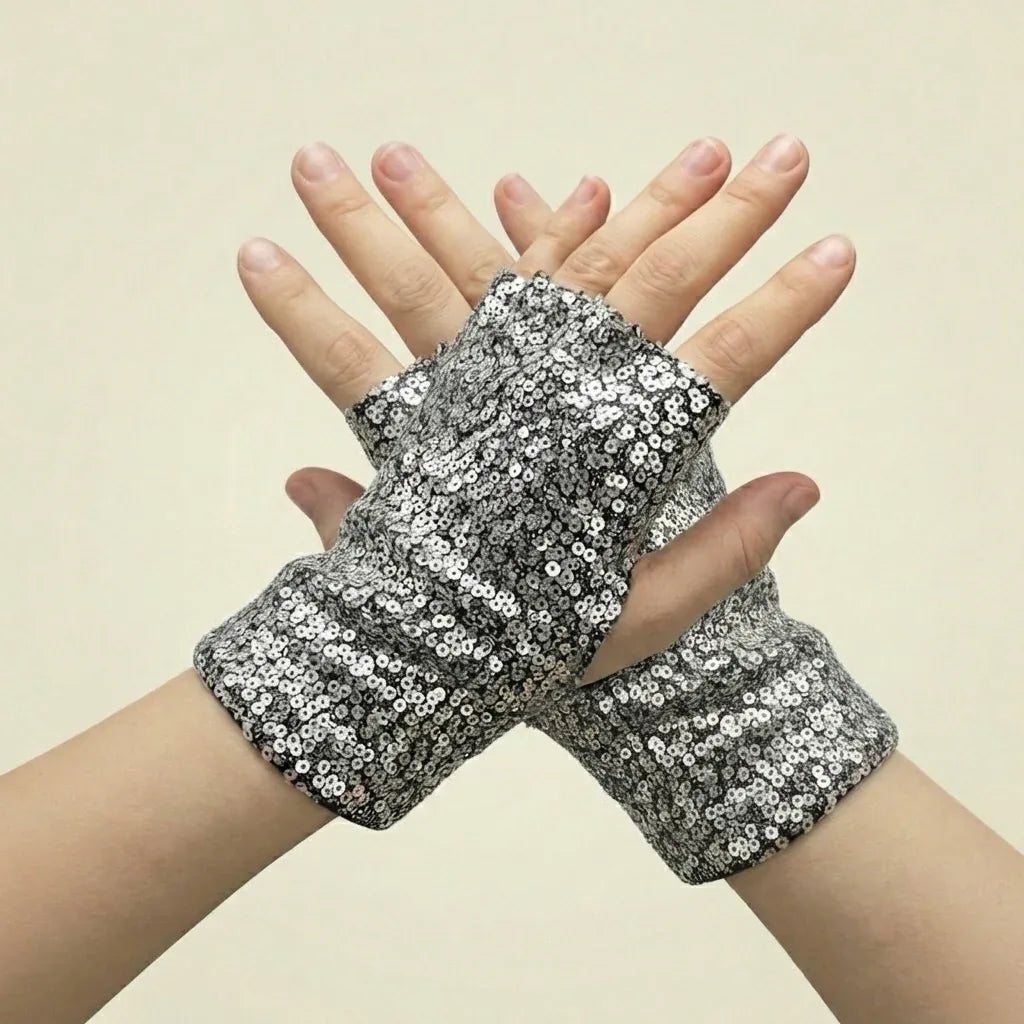Silver Sequin Fingerless Wrist Gloves
