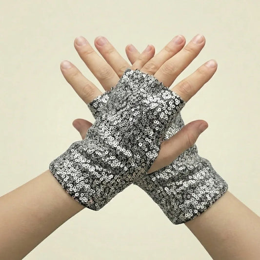 Silver Sequin Fingerless Wrist Gloves
