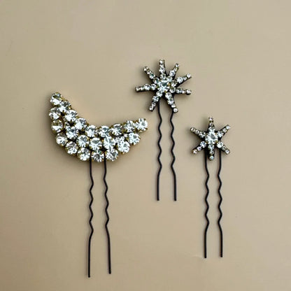 Moon & Star Rhinestone Bun Pin Set – Stardust Dreams Hair Jewelry