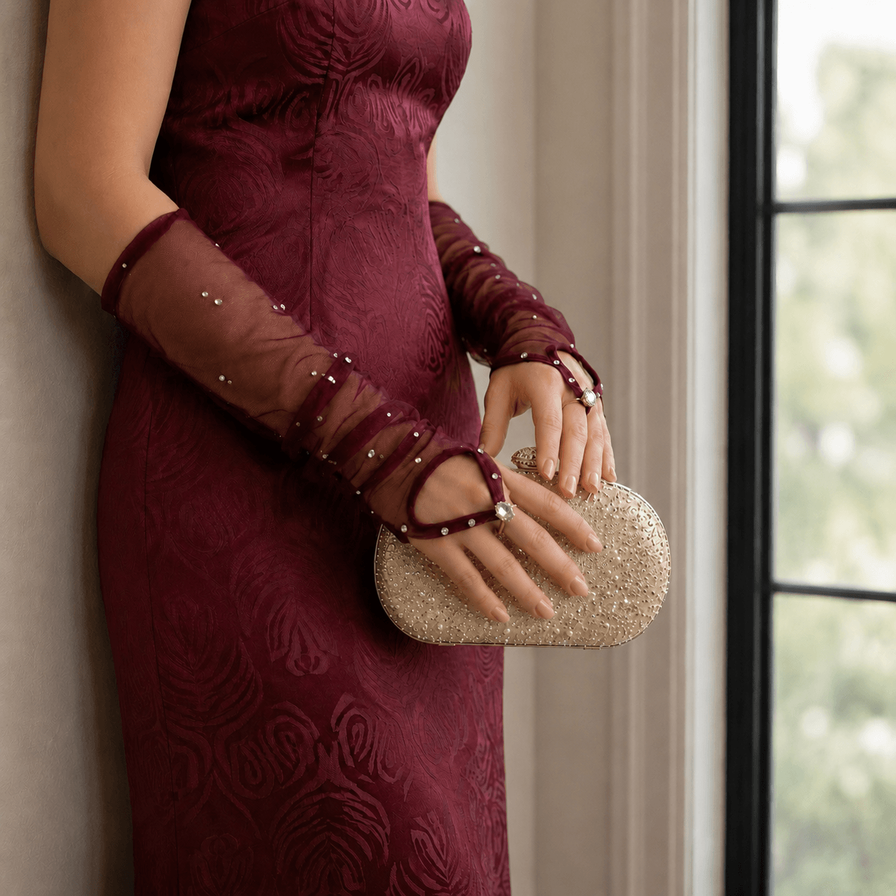 Stellara Wine Rhinestone Gloves