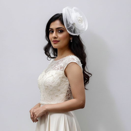 Twisted White Pearls and Feathers Fascinator