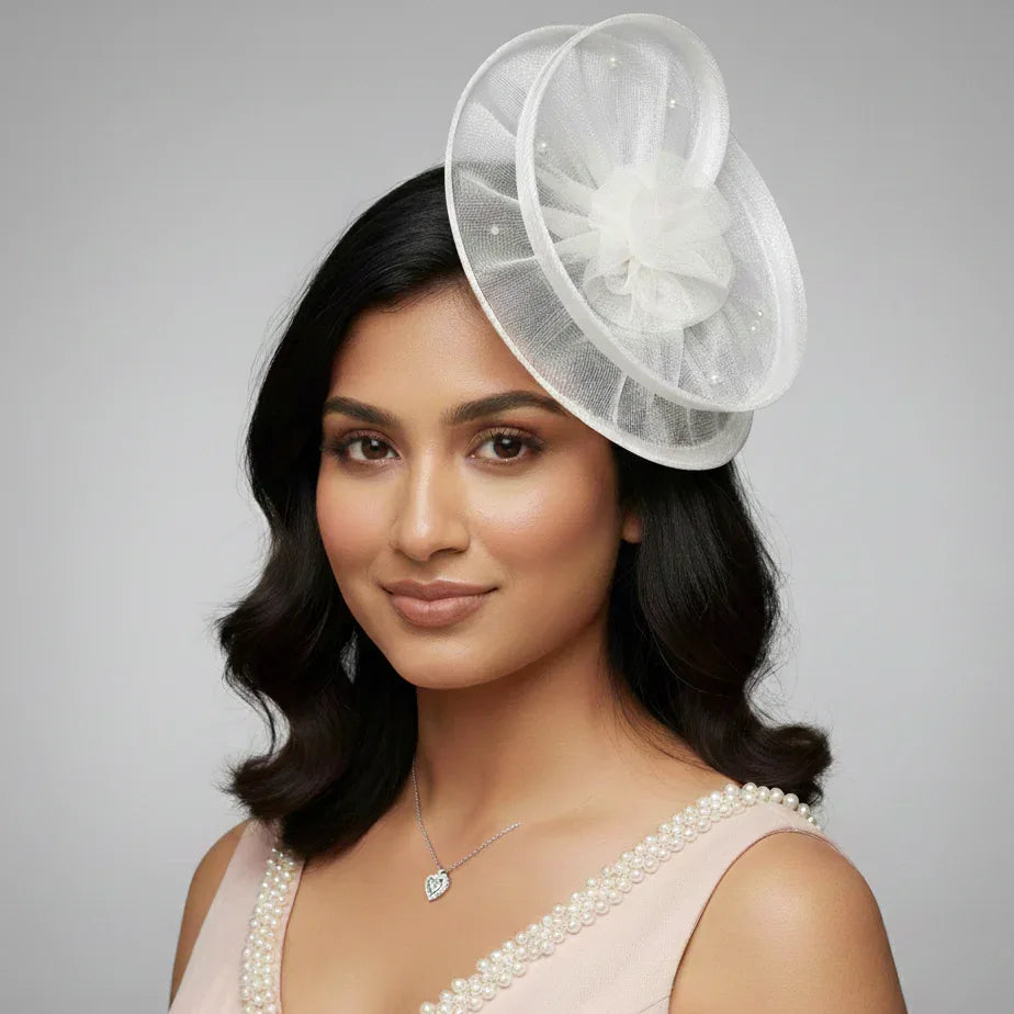 Twisted White Flower and Pearls Fascinator