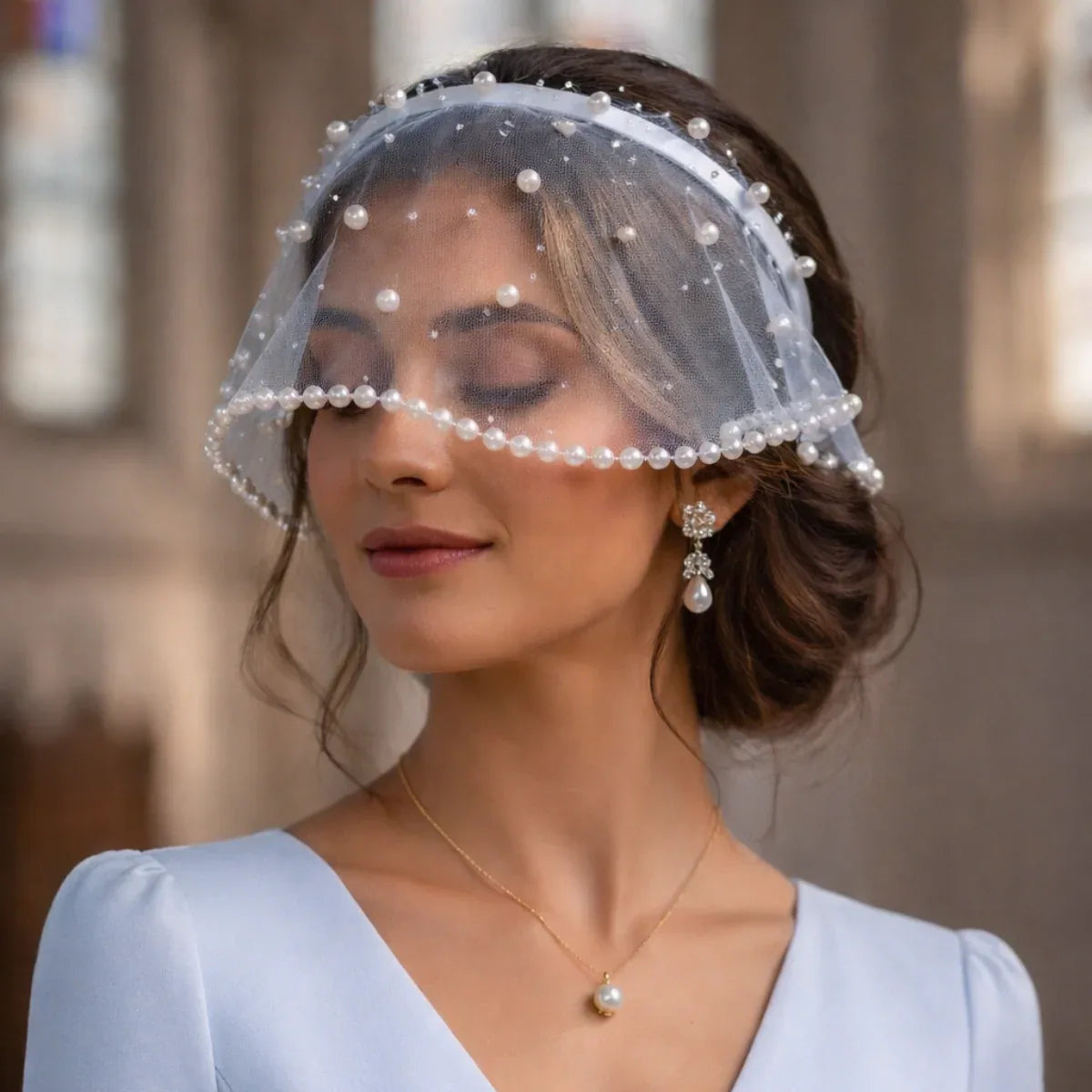 Velour Tulle Pearl Birdcage Veil Powder Blue