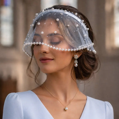 Velour Tulle Pearl Birdcage Veil Powder Blue