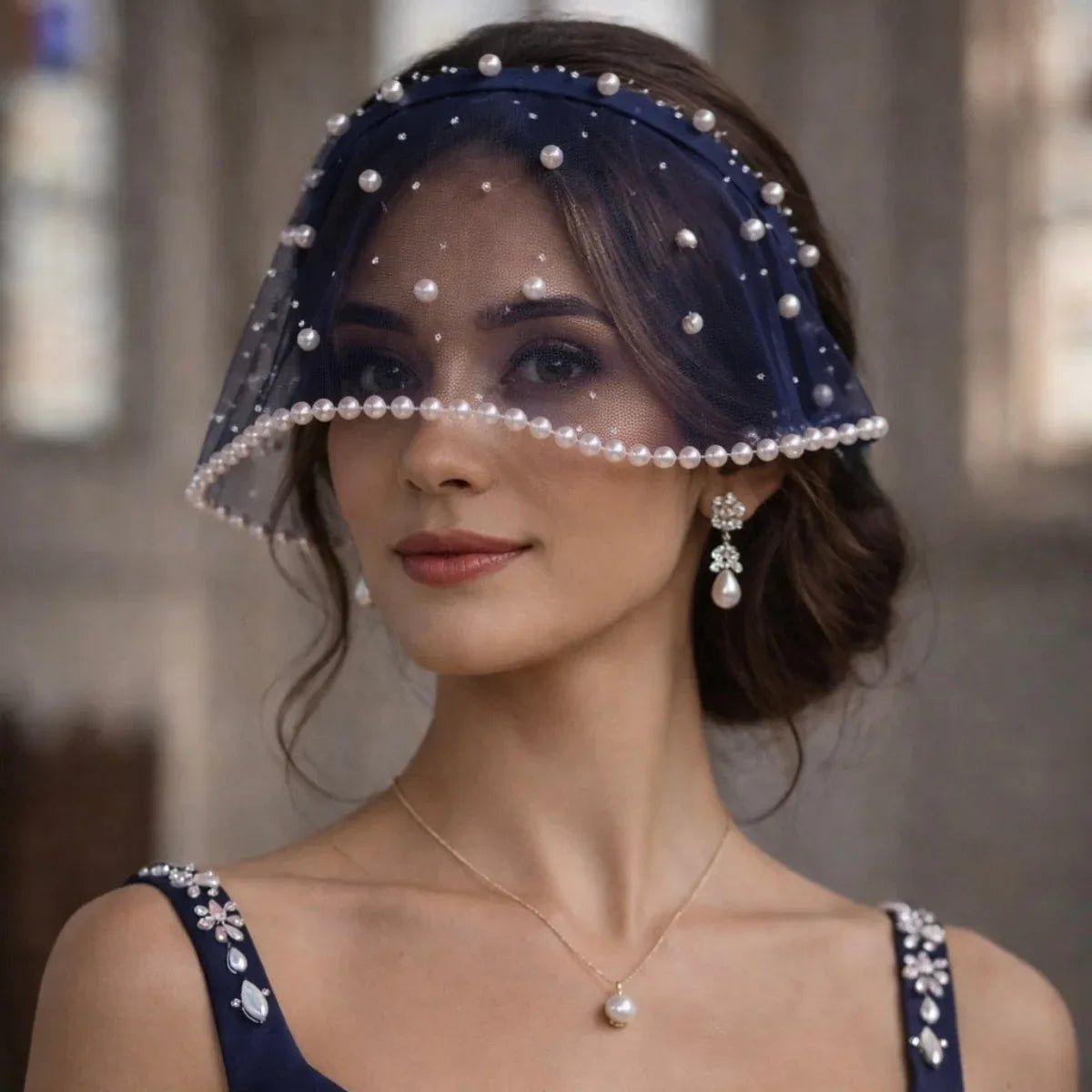 Velour Tulle Pearl Birdcage Veil Navy Blue