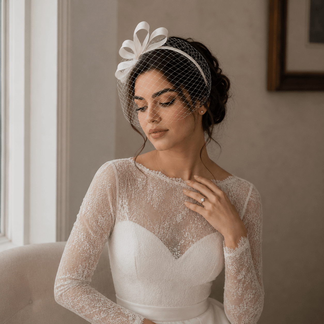 White Bow Bridal Fascinator Veil