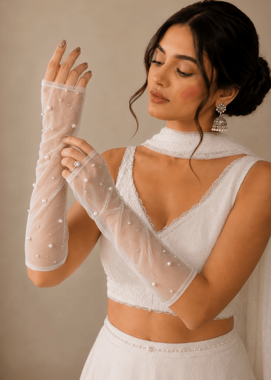 white Embellished Tulle Gloves