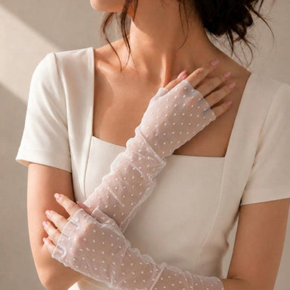 White Sheer Polka Dot Lace Gloves