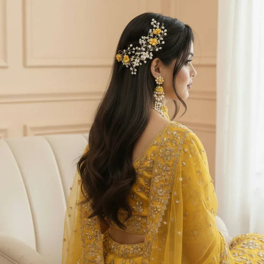 Yellow Crystal & Pearl Bridal Hair Vine