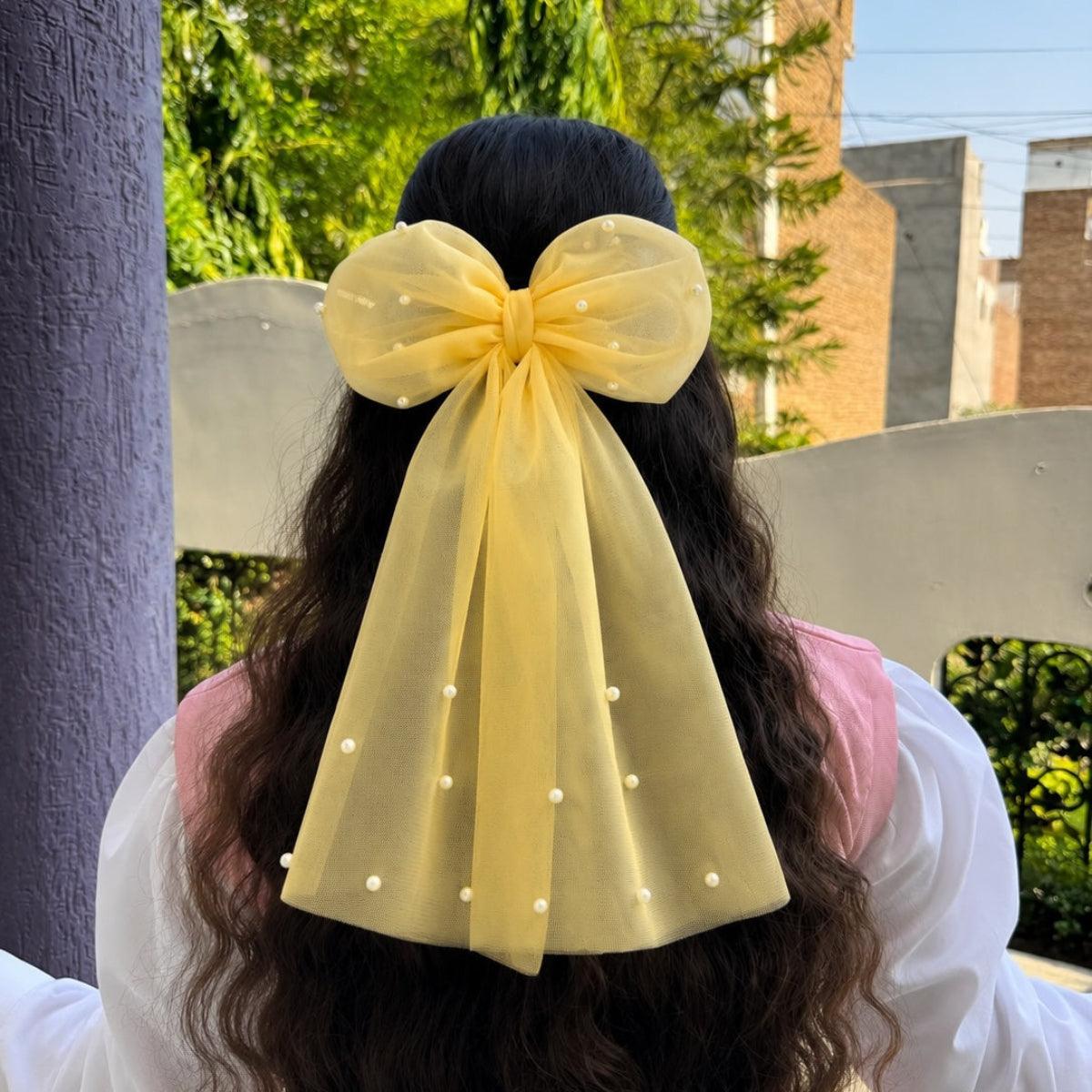 Yellow Tulle Pearl Big Bow Hair Clip