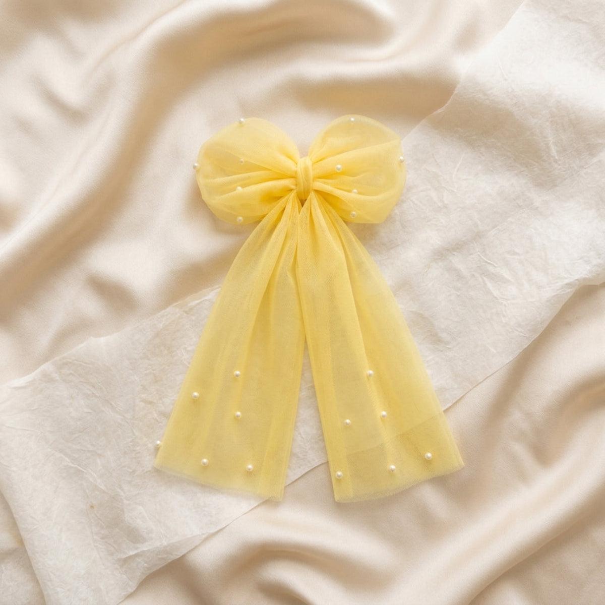 Yellow Tulle Pearl Big Bow Hair Clip