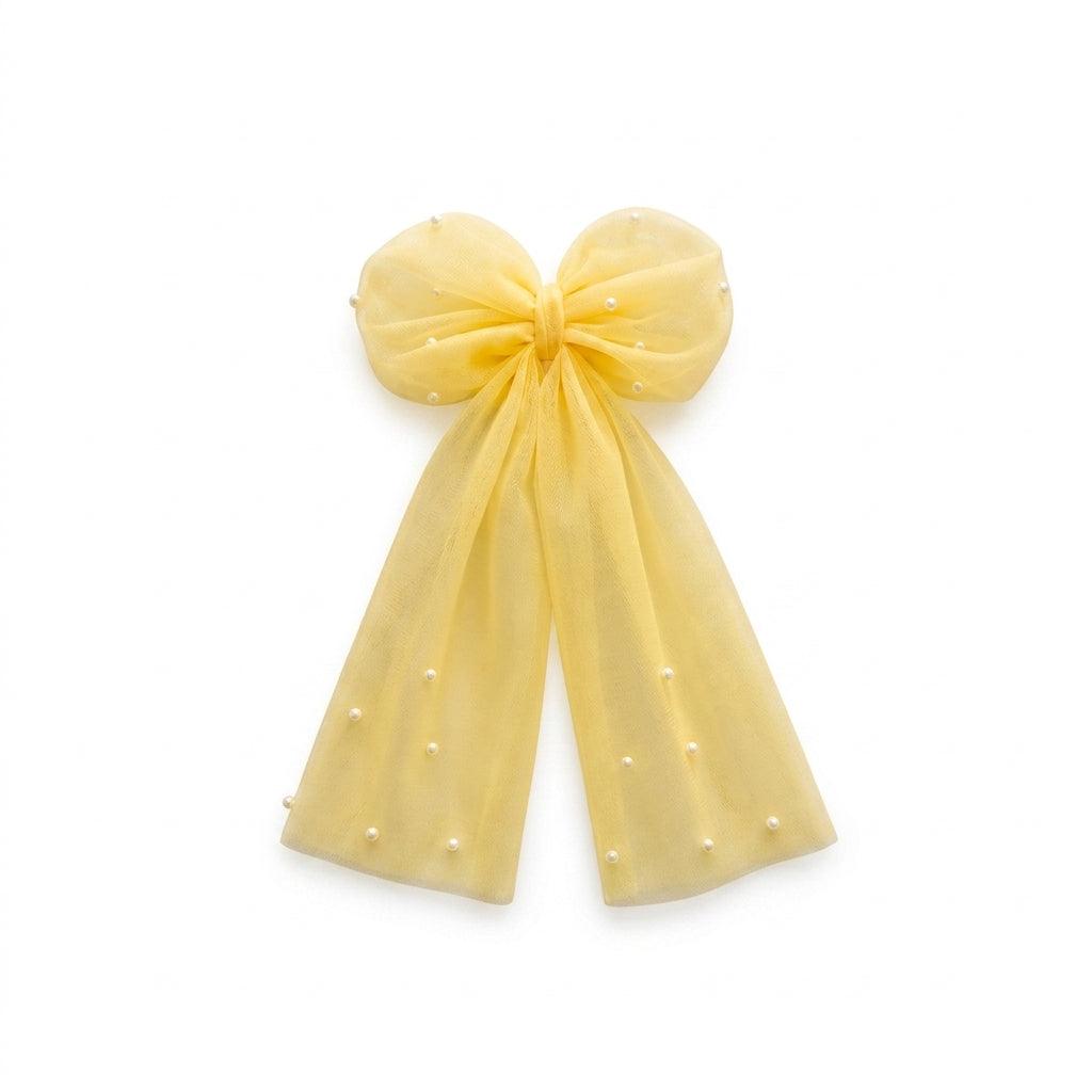 Yellow Tulle Pearl Big Bow Hair Clip