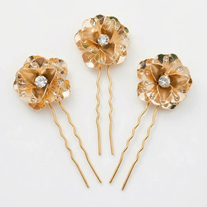 BloomAura Golden Floral Hair Pins Set