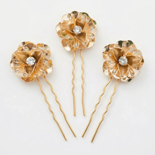 BloomAura Golden Floral Hair Pins Set