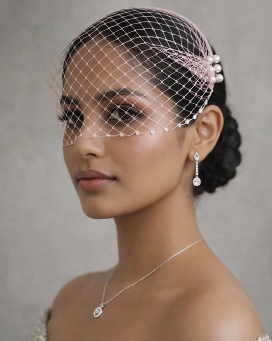 Blush Pink Pearl-Edged Birdcage Veil