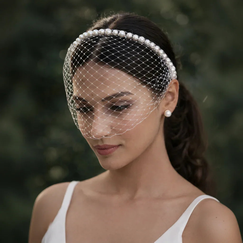 White Pearl-Edged Birdcage Veil Hairband