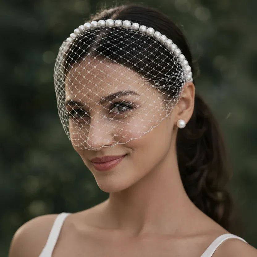 White Pearl-Edged Birdcage Veil Hairband