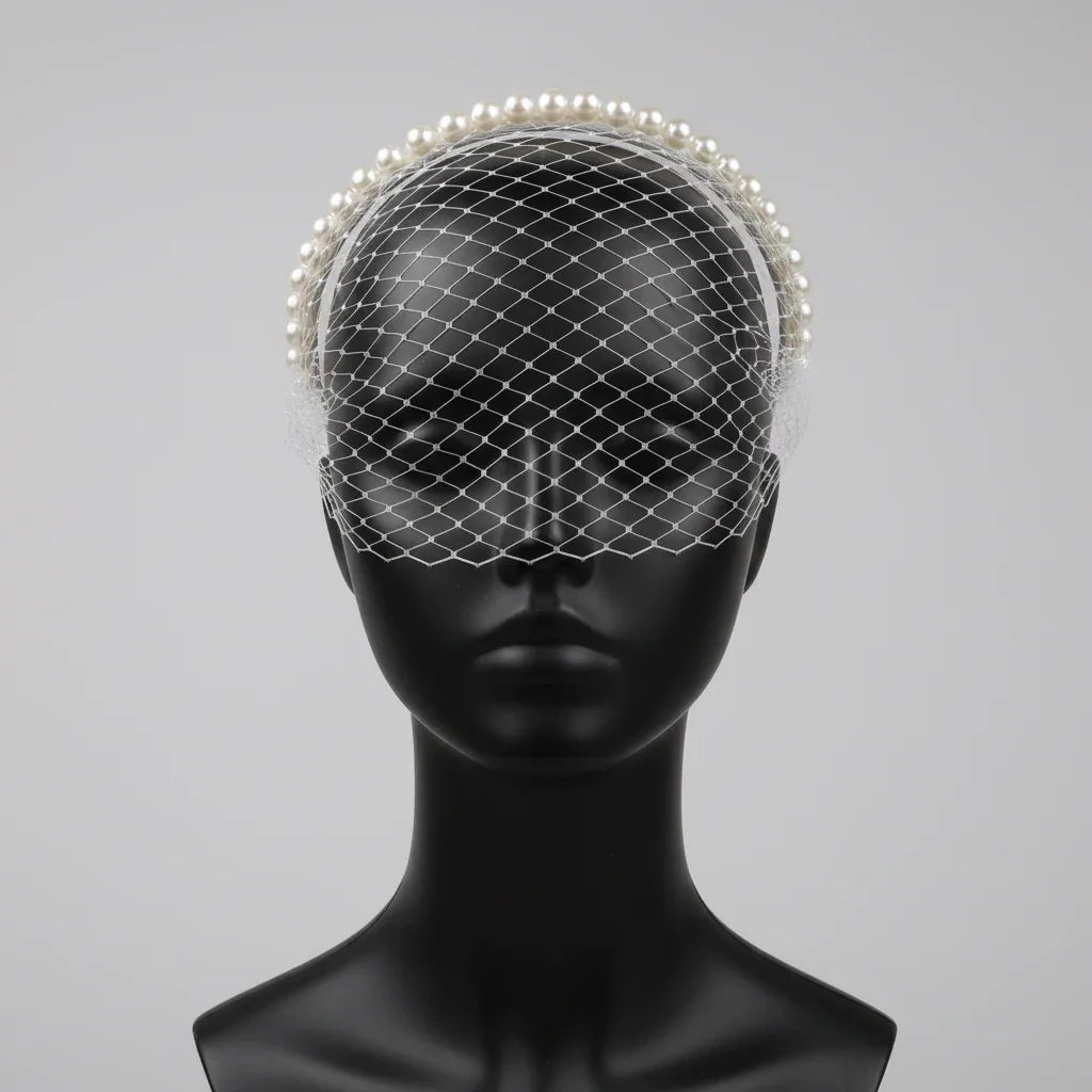 White Pearl-Edged Birdcage Veil Hairband