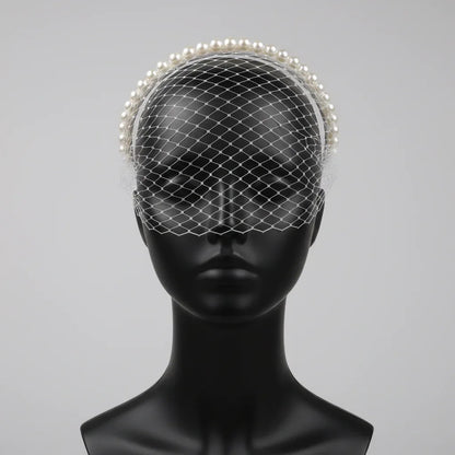 White Pearl-Edged Birdcage Veil Hairband