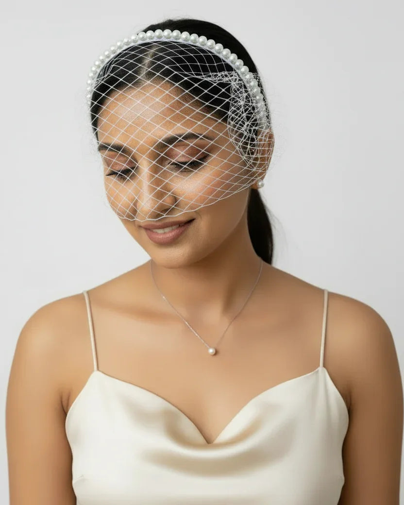 White Pearl-Edged Birdcage Veil Hairband