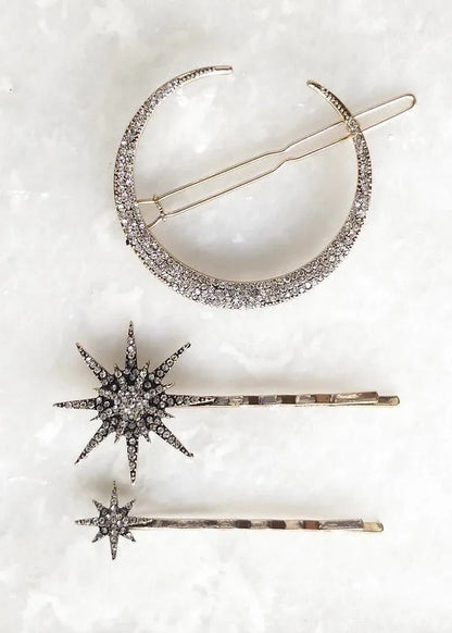 Crystal Moon & Star Hair Pin Set (Set of 3)